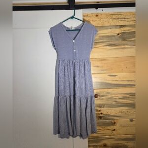 Caution To The Wind Pinstriped Beachy Front Button Tiered Dress Blue Slub Knit